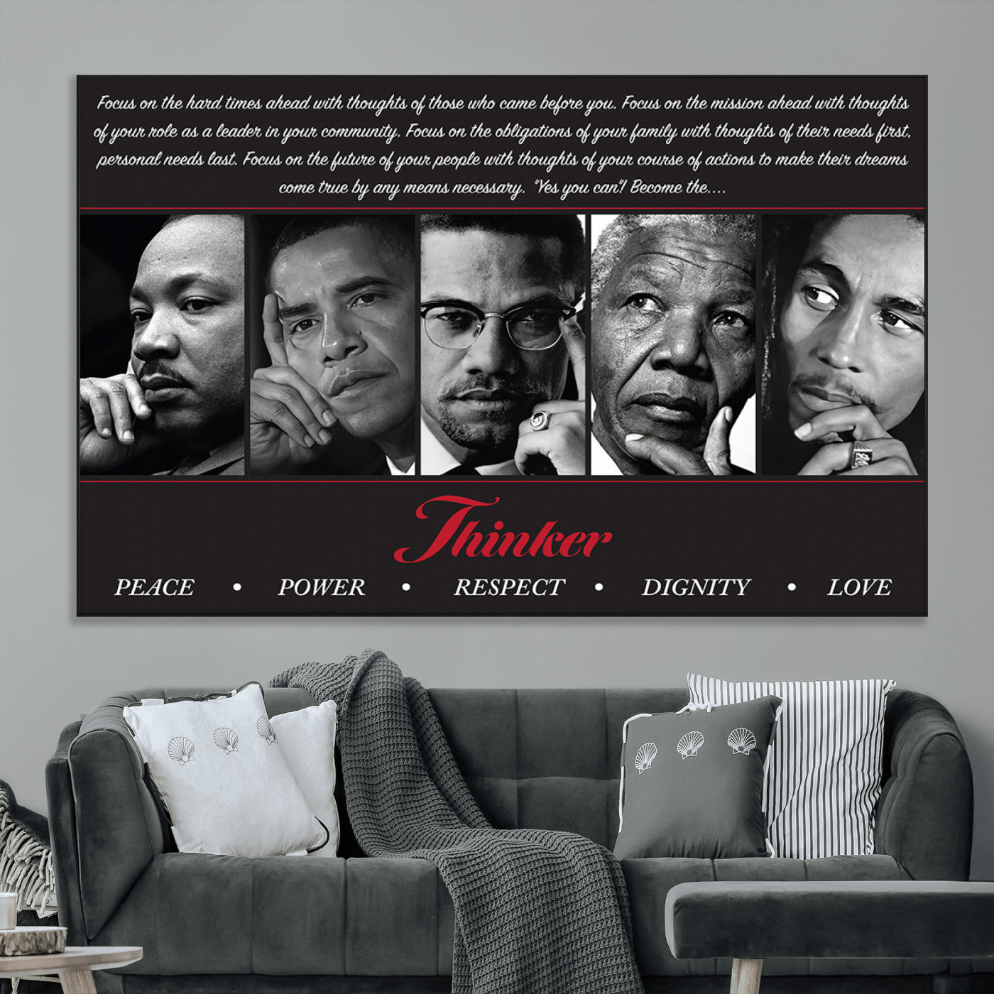 Monochrome canvas of iconic Black leaders with a powerful quote, perfect for modern spaces with a cultural or motivational theme.