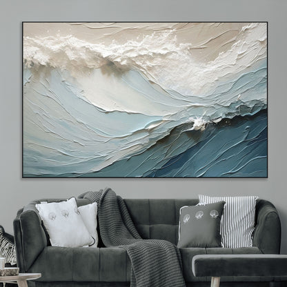 Textured canvas of ocean waves in soft coastal blues and creamy whites, ideal for modern or minimalist coastal-style interiors.
