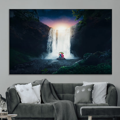 Romantic scene of Stitch and Angel sitting under a leaf in front of a glowing waterfall, ideal for tropical or fantasy-themed decor.