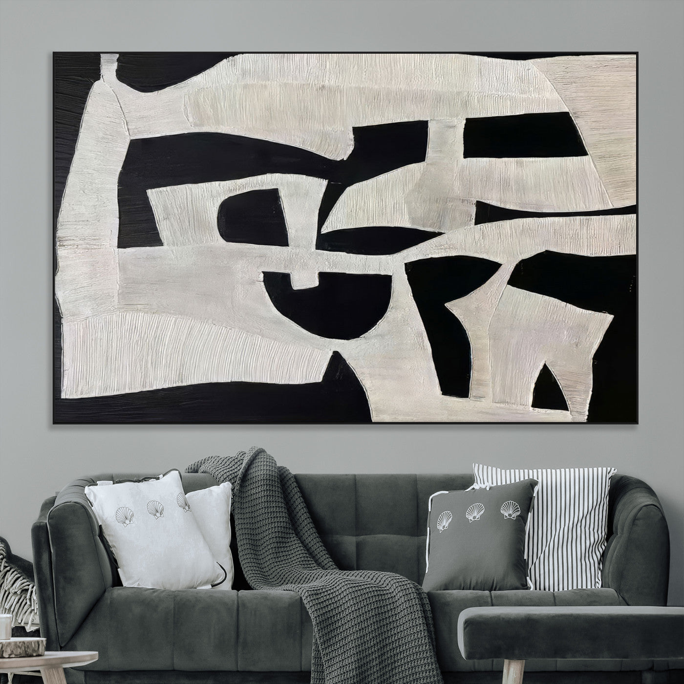 Minimalist black and white canvas featuring bold abstract textures and geometric shapes, ideal for modern neutral decor.