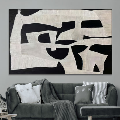 Minimalist black and white canvas featuring bold abstract textures and geometric shapes, ideal for modern neutral decor.