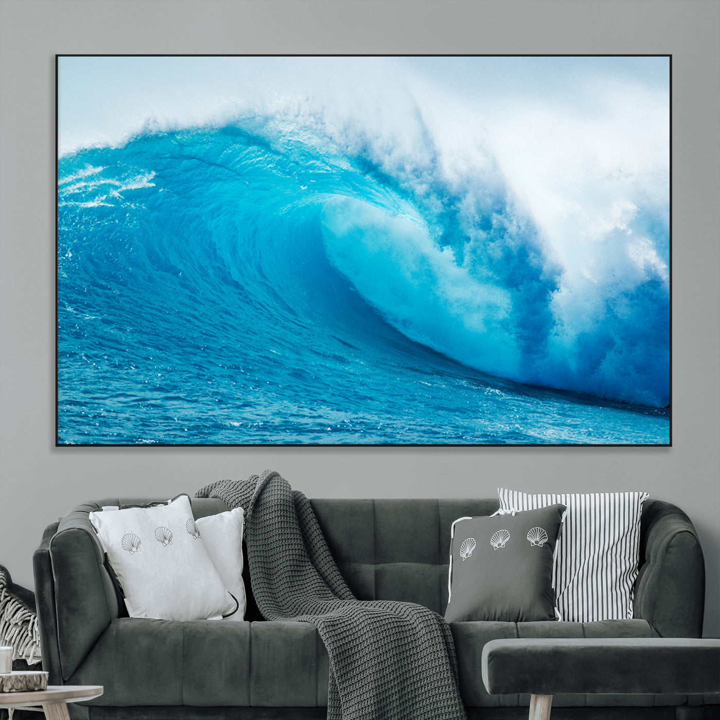 Vibrant canvas of a powerful curling ocean wave in tropical blue tones, perfect for coastal or surf-inspired decor settings.