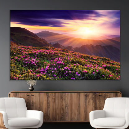 -Mountain Sunrise Wall Art – Vibrant Floral Landscape Canvas Print, Nature Home Decor for Living Room, Bedroom Office or Cabin