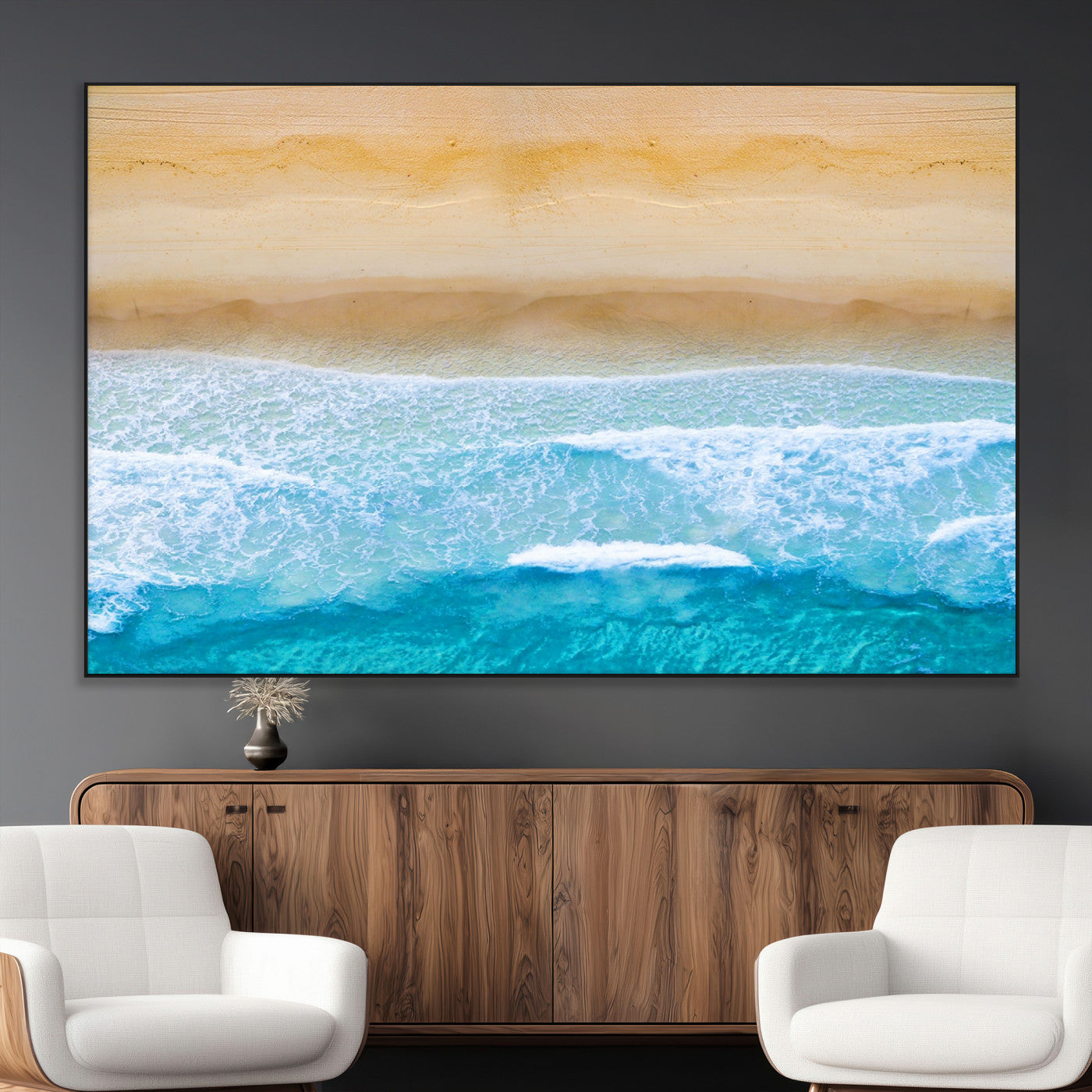 -Aerial Beach Wall Art – Serene Ocean Waves & Sandy Shore Canvas Print, Coastal Home Decor for Living Room, Bedroom or Office