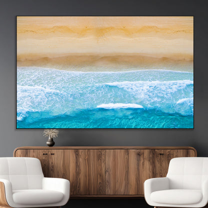 -Aerial Beach Wall Art – Serene Ocean Waves & Sandy Shore Canvas Print, Coastal Home Decor for Living Room, Bedroom or Office
