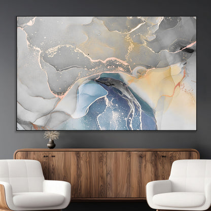 -Abstract Fluid Art Wall Decor – Blue, Gray & Gold Canvas Print, Modern Home and Office Wall Art Decor for Living Room, Bedroom or Workspace