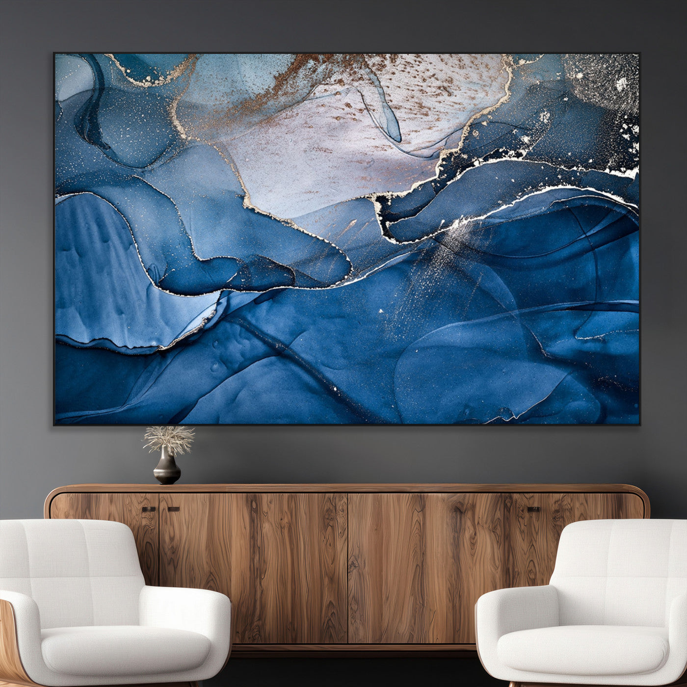 -Abstract Blue Gold Fluid Art Wall Decor – Modern Canvas Print, Elegant Home & Office Wall Art, Stylish Living Room or Bedroom Decoration