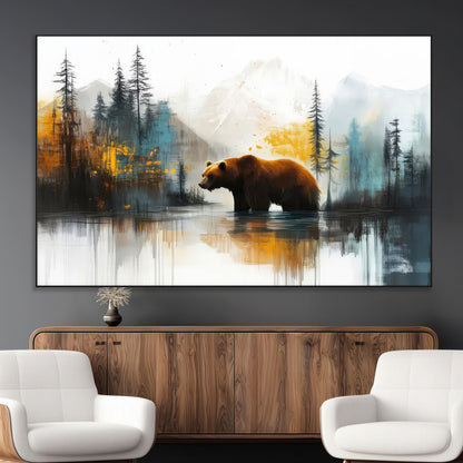 A majestic bear stands by the serene waters of a misty forest, surrounded by towering trees and distant mountains, evoking the raw beauty and wild spirit of nature.