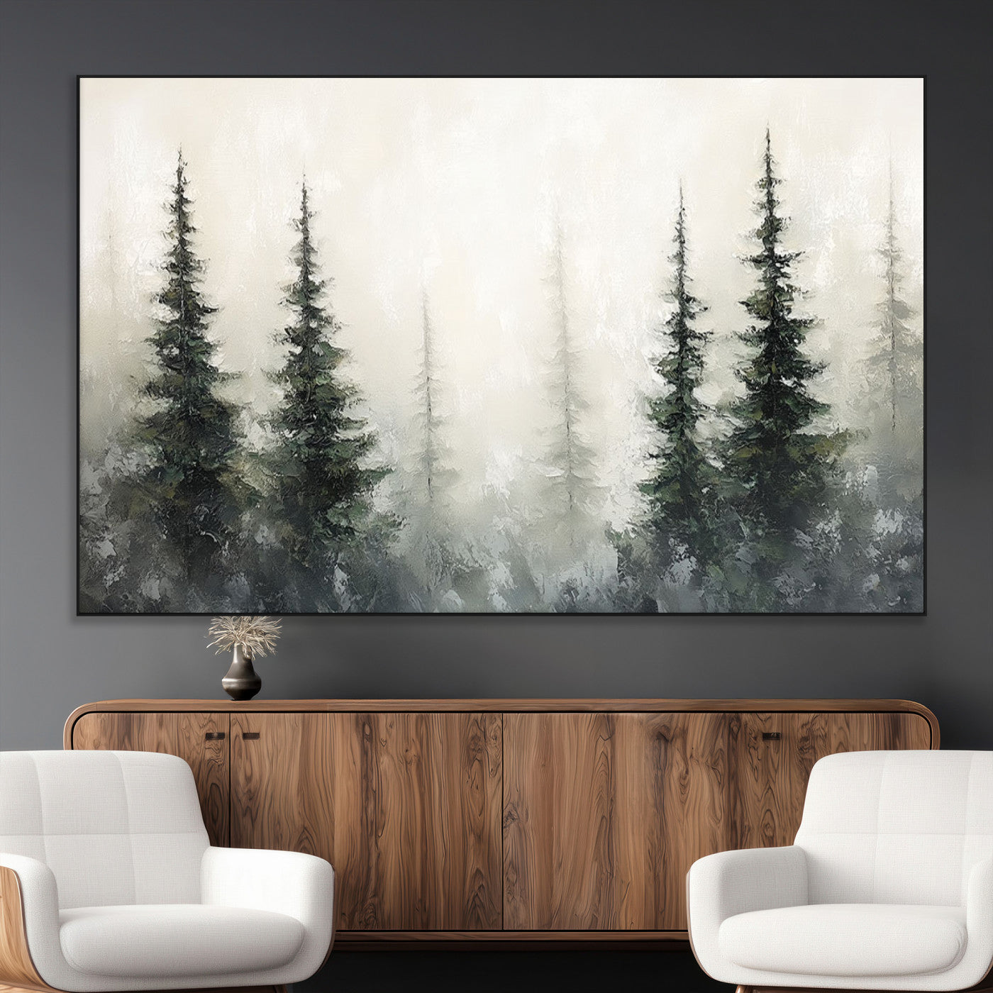 Soft and misty pine forest painting in neutral earthy tones, ideal for calm woodland or minimalist rustic home decor.