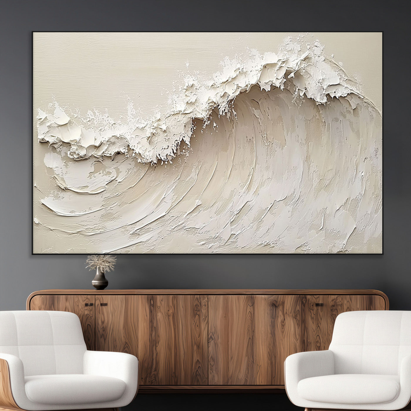 Textured canvas of an abstract white ocean wave in neutral tones, ideal for modern coastal or minimalist home decor.