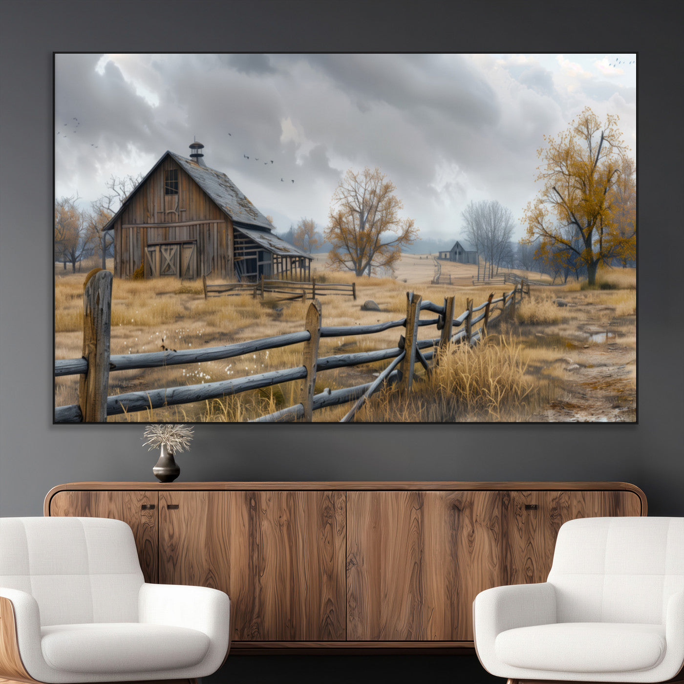 A tranquil rural scene featuring a rustic barn, overcast skies, and golden fields with scattered trees, evoking a sense of peaceful solitude in nature.