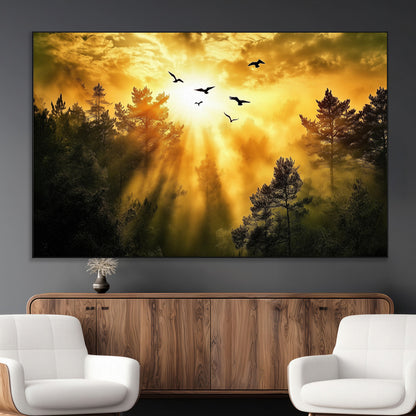 Canvas of a golden forest at sunset with birds flying through glowing sunbeams and silhouetted pine trees, ideal for warm-toned rustic decor.