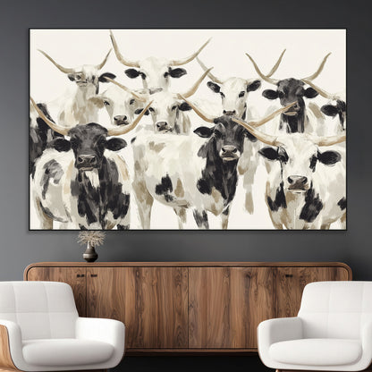 Canvas of a Texas Longhorn cattle herd in neutral black and white tones, ideal for rustic farmhouse or western-themed decor.