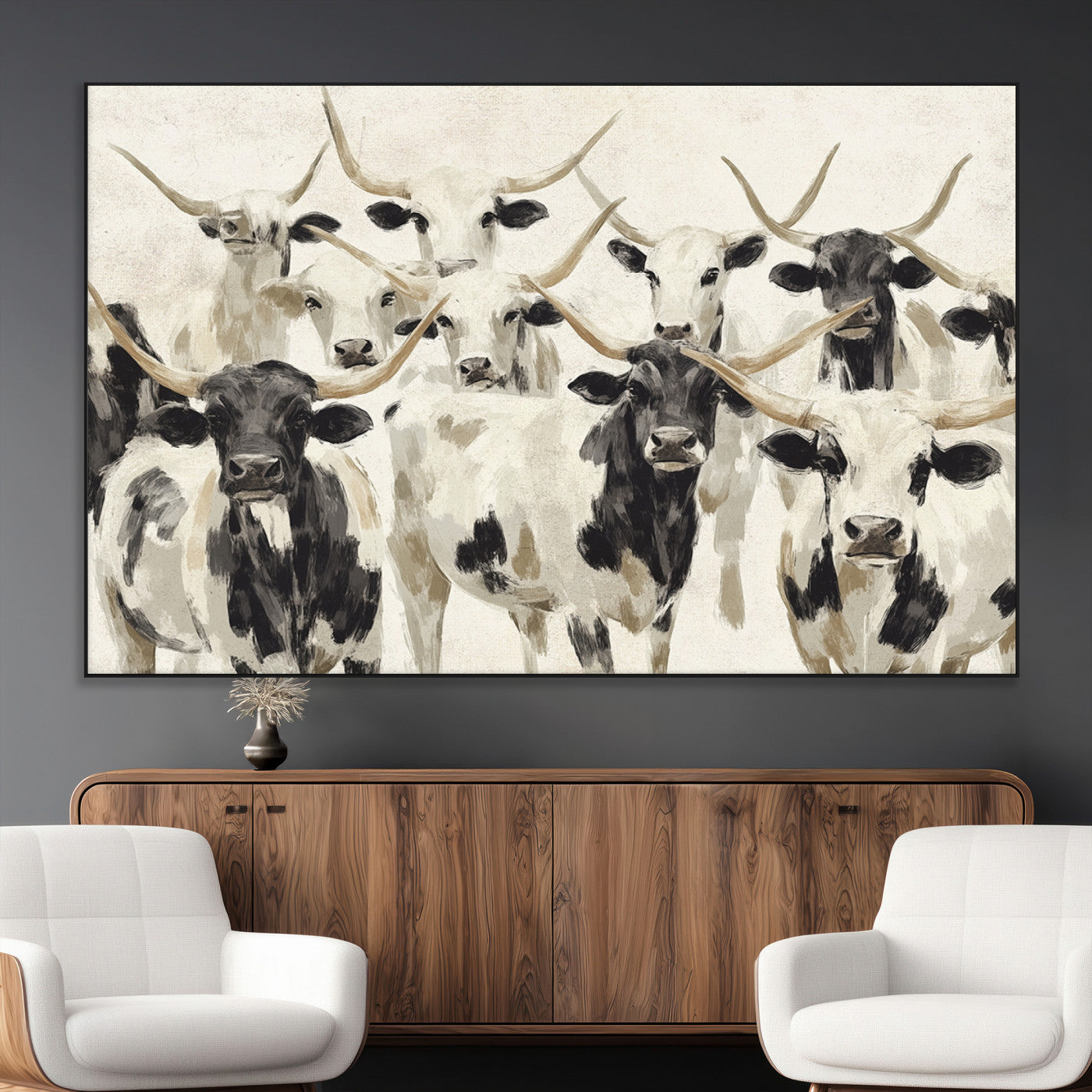 Canvas of a Texas Longhorn cattle herd in neutral black and white tones, ideal for rustic farmhouse or western-themed decor.