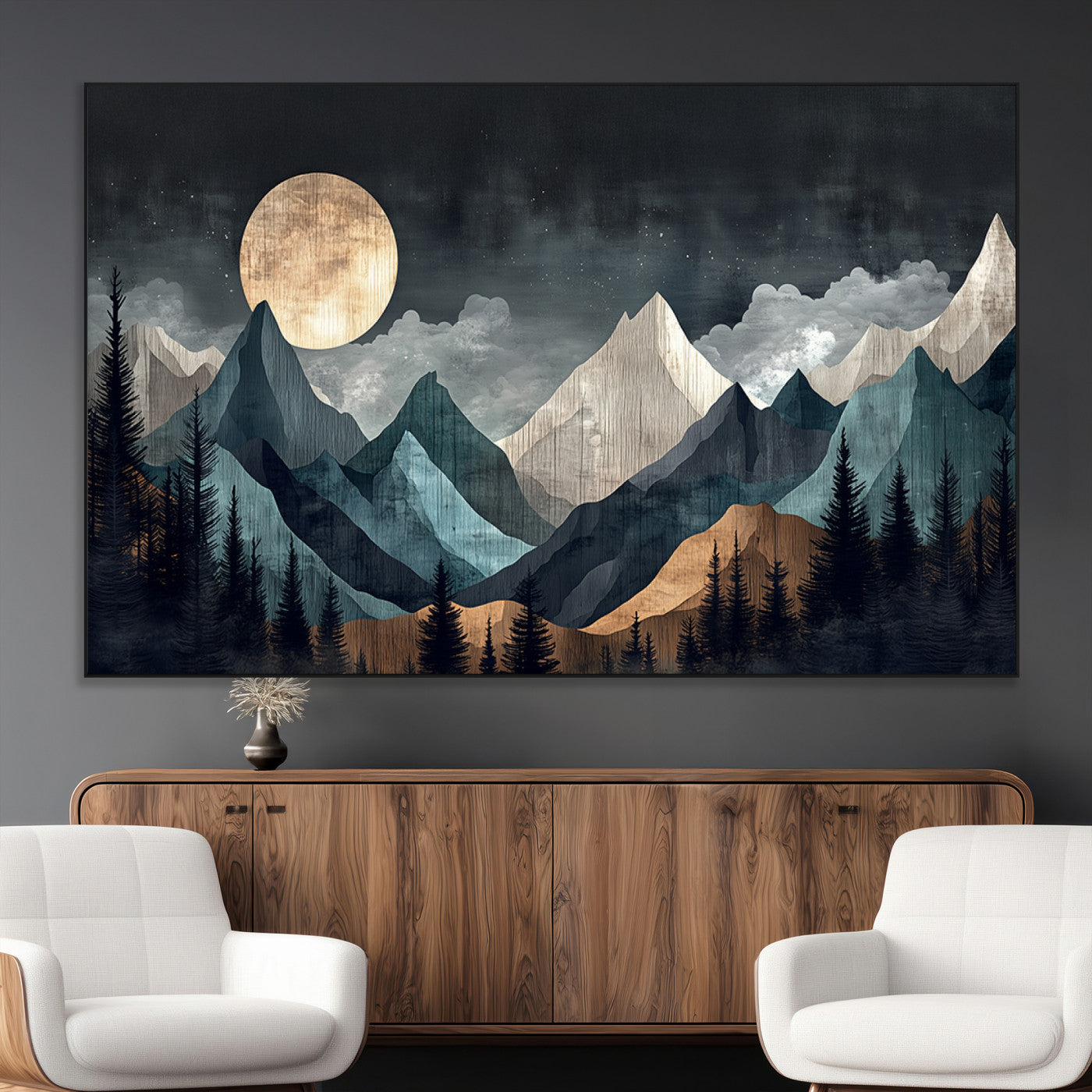 Stylized canvas of layered mountains under a full moon in neutral moody tones, ideal for nature-inspired or modern rustic interiors.