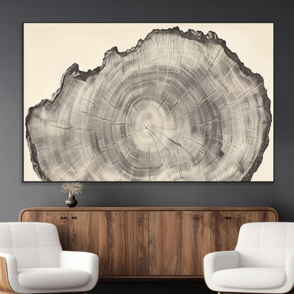 Detailed tree ring drawing in monochrome tones, ideal for rustic or nature-inspired interiors with a minimal decor aesthetic.