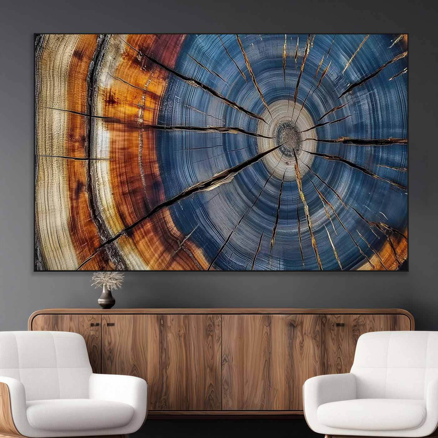 A stunning close-up view of a tree trunk, showcasing the intricate growth rings in a vibrant mix of warm browns, cool blues, and hints of natural texture.