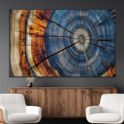 A stunning close-up view of a tree trunk, showcasing the intricate growth rings in a vibrant mix of warm browns, cool blues, and hints of natural texture.