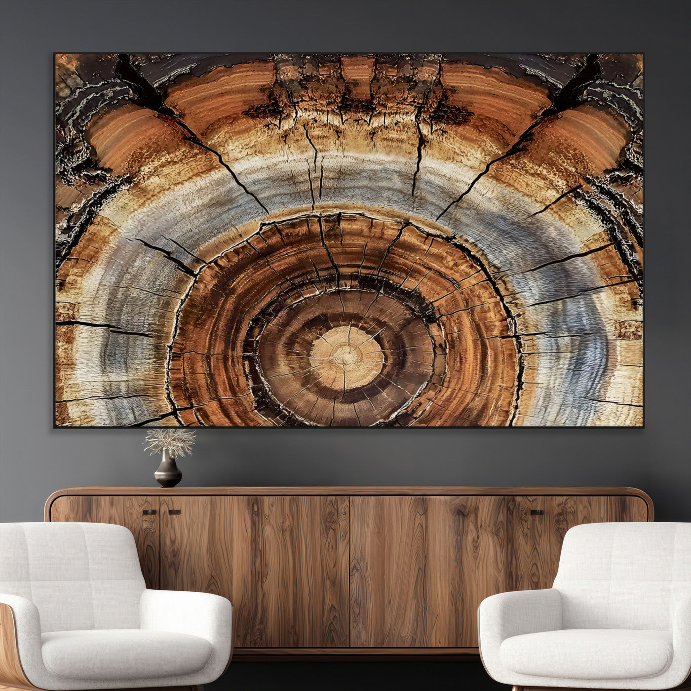 Canvas of tree rings and natural wood grain in earthy tones, ideal for rustic or vintage-inspired home decor with organic textures.