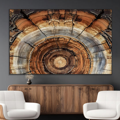 Canvas of tree rings and natural wood grain in earthy tones, ideal for rustic or vintage-inspired home decor with organic textures.