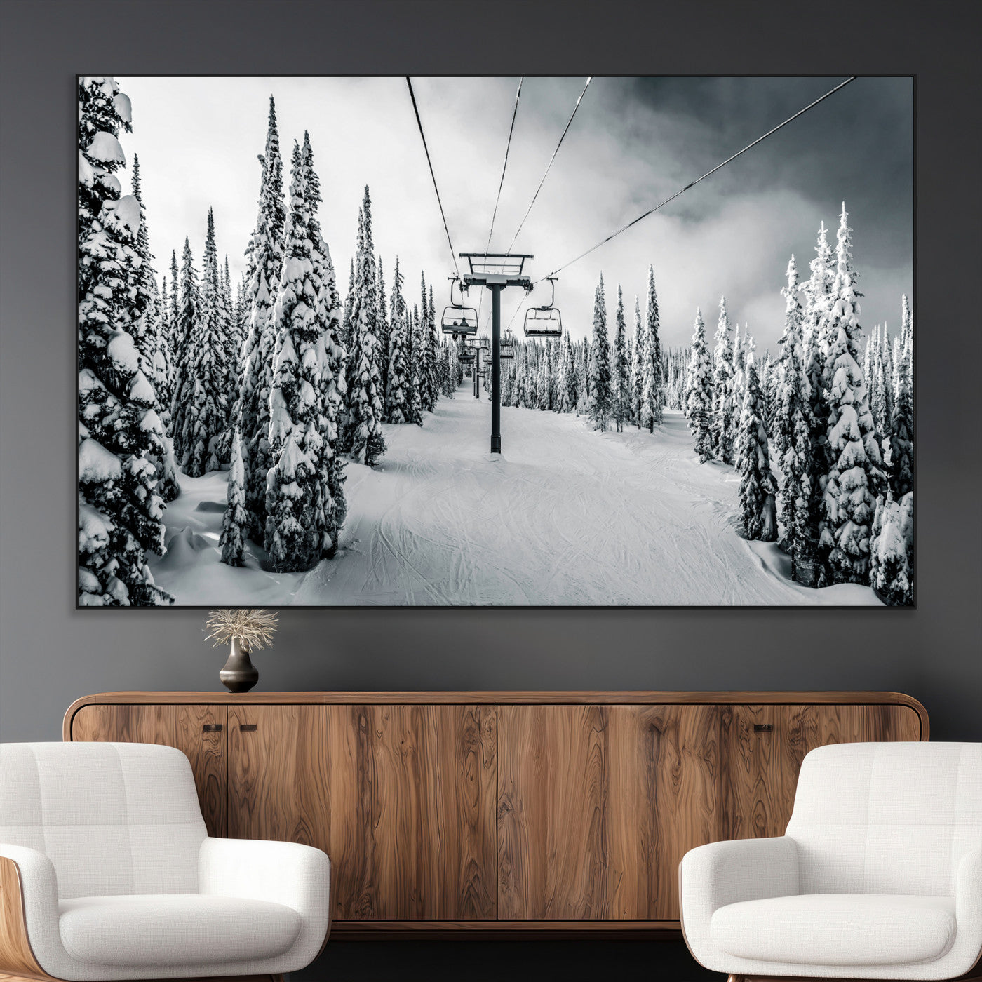 Canvas of a snowy ski lift scene through a forest of tall pine trees, ideal for moody winter or alpine-themed home decor.