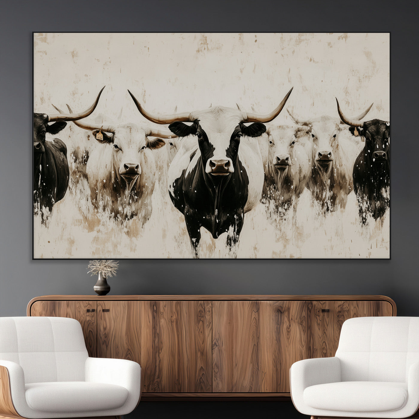 Illustrated herd of longhorn cattle in black and white tones with a neutral textured background, perfect for rustic or farmhouse-style decor.