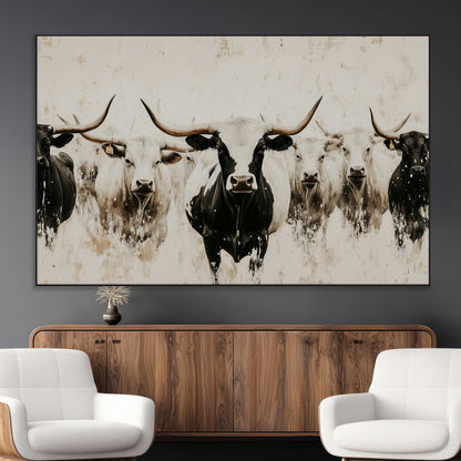 Illustrated herd of longhorn cattle in black and white tones with a neutral textured background, perfect for rustic or farmhouse-style decor.