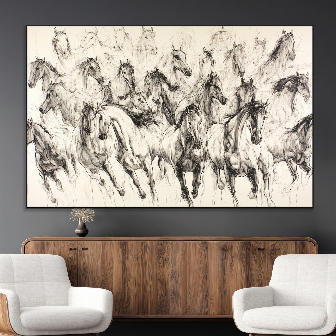 Monochrome ink sketch of galloping horses in dynamic motion, perfect for western or equine-themed wall decor with bold artistic energy.