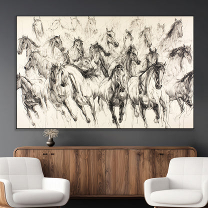 Monochrome ink sketch of galloping horses in dynamic motion, perfect for western or equine-themed wall decor with bold artistic energy.