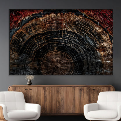 Dark Wood Wall Art Print - Petrified Tree Canvas Print, featuring an intricate tree ring pattern with deep earthy tones and organic textures, perfect for rustic and nature-inspired decor.