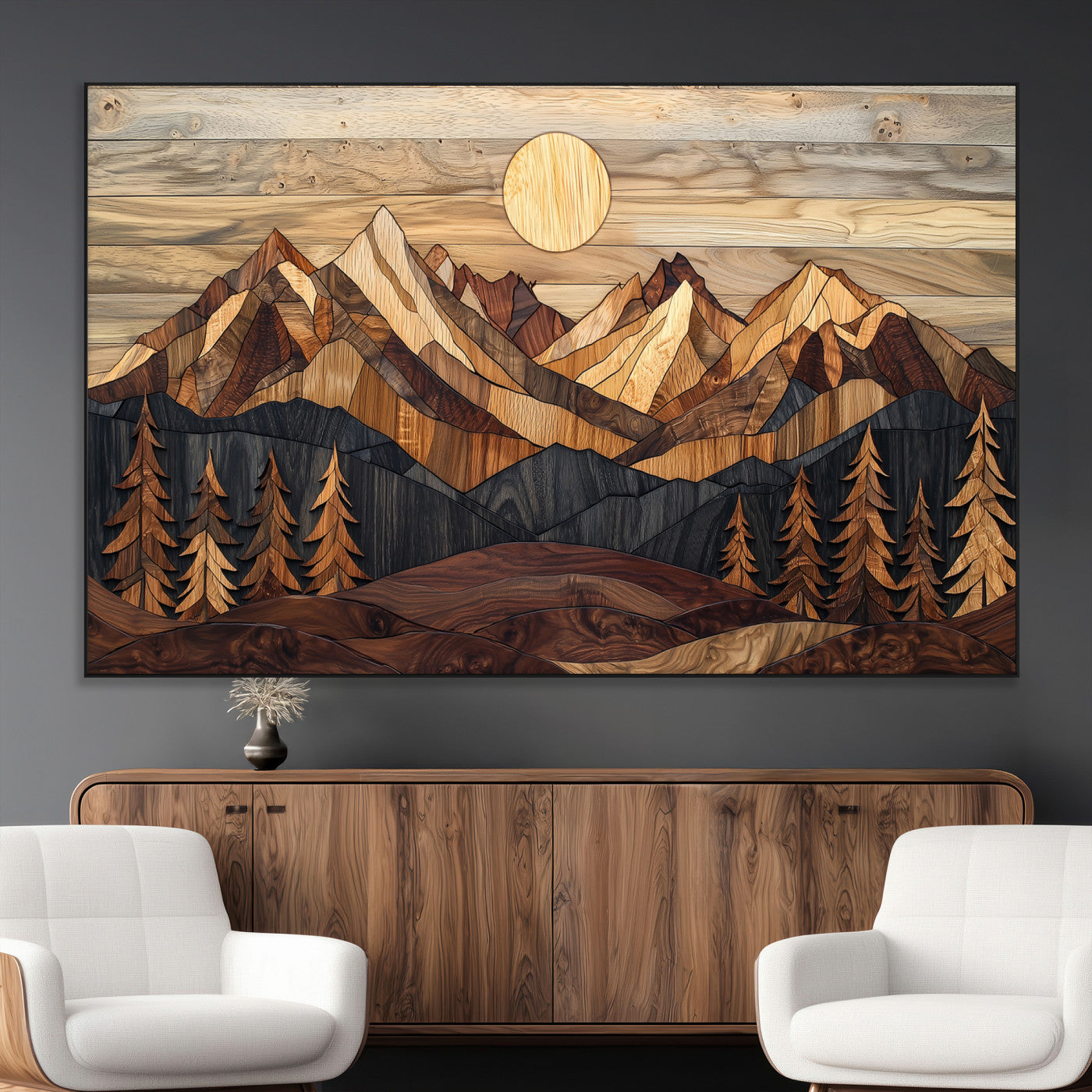 Mountain Landscape Wall Art Print - Sunset Hills Canvas Print, featuring an abstract nature scene with earthy tones and misty peaks, perfect for boho and modern decor.