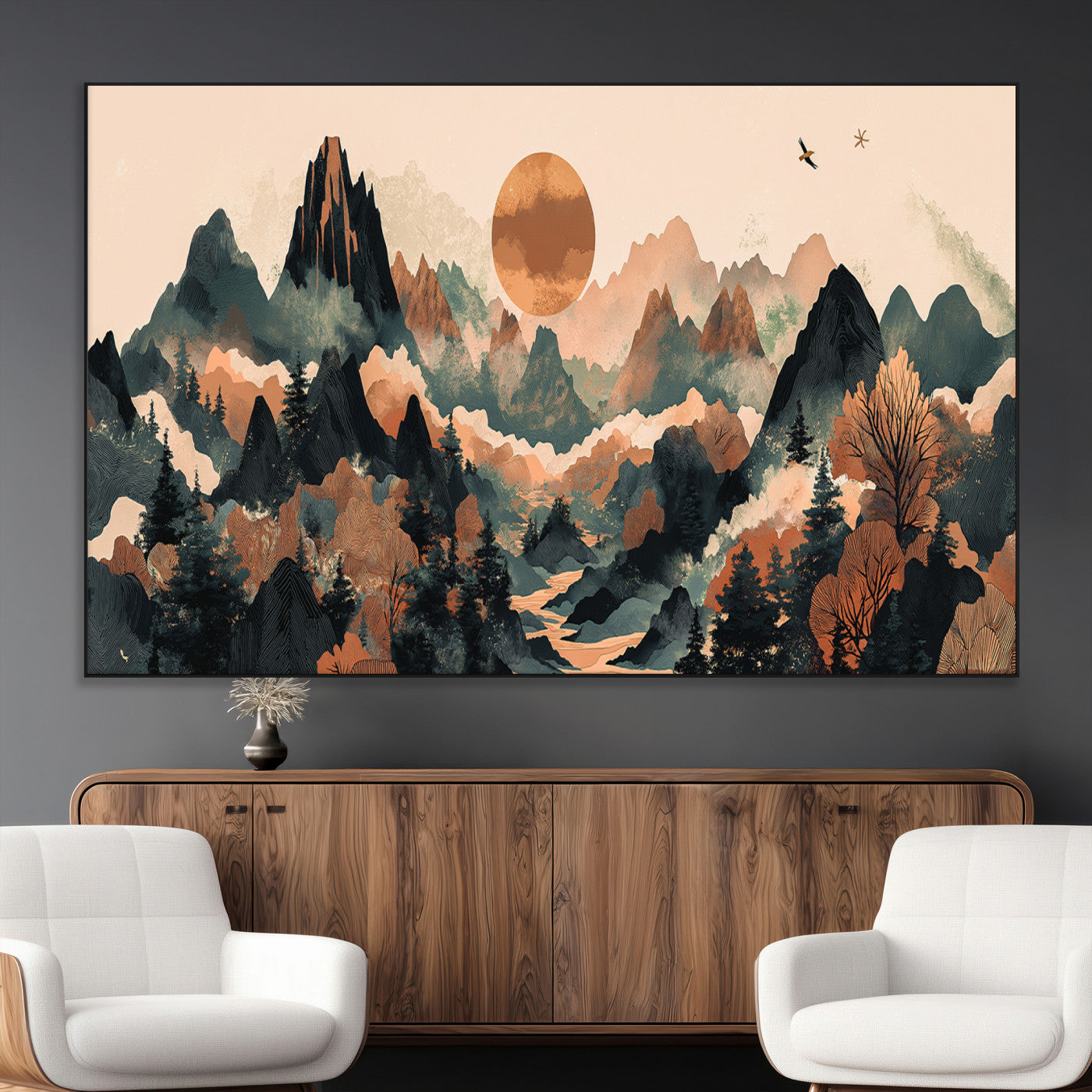 Mountain Landscape Wall Art Print - Sunset Hills Canvas Print, featuring an abstract nature scene with earthy tones and misty peaks, perfect for boho and modern decor.