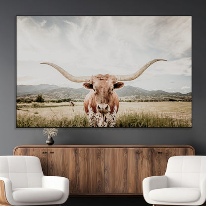 Longhorn Wall Art Print - Western Cow Canvas Print, featuring a majestic Texas longhorn in a rustic prairie setting, perfect for farmhouse and western decor.