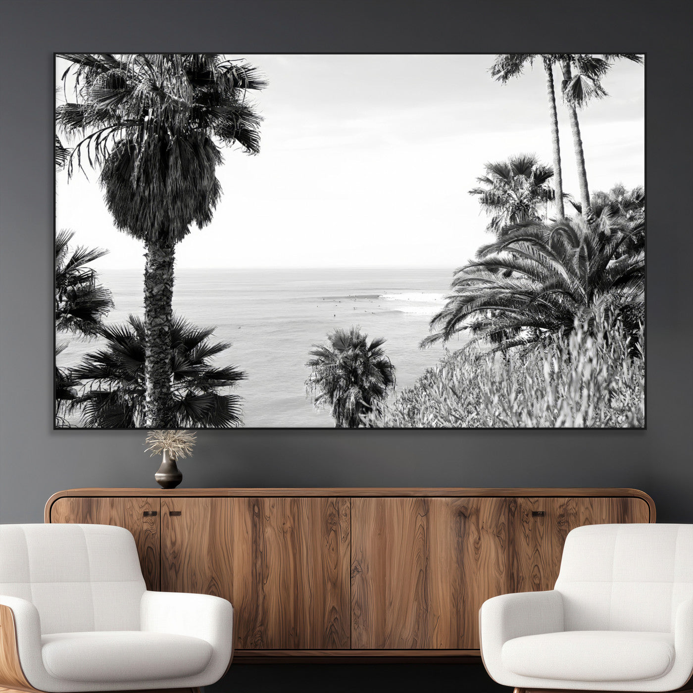 Monochrome canvas of palm trees framing a coastal surf scene, perfect for California-inspired or retro black-and-white beach decor.