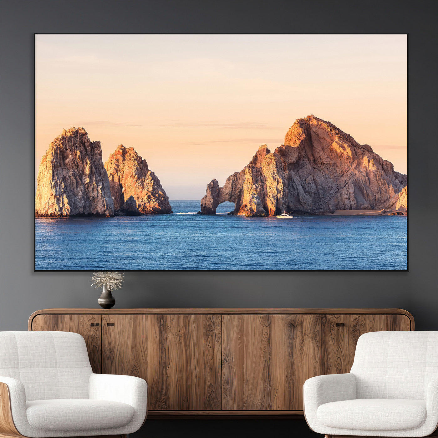 Framed canvas of El Arco rock formation in Cabo San Lucas at golden hour, ideal for coastal landmark or ocean-inspired decor.