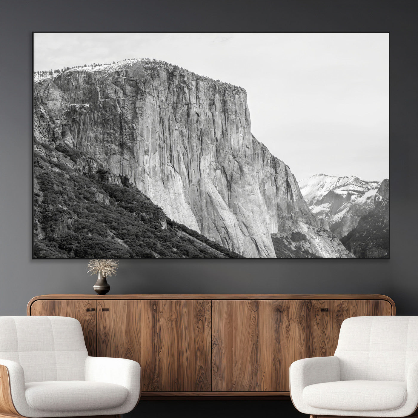 Monochrome canvas of El Capitan’s granite wall in Yosemite with snowy peaks, ideal for dramatic mountain or black-and-white nature decor.
