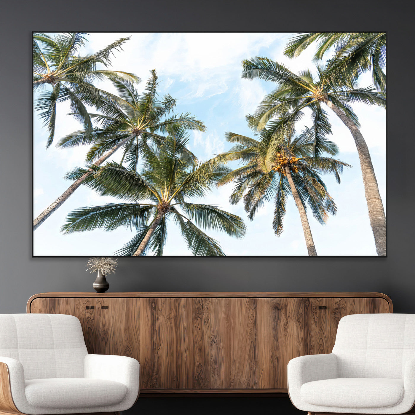 Framed canvas of tall palm trees reaching into a tropical sky, ideal for beach home or relaxed island-inspired wall decor.