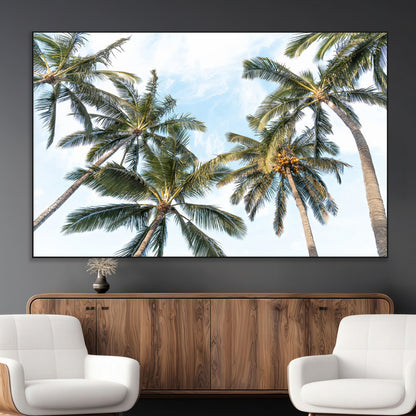 Framed canvas of tall palm trees reaching into a tropical sky, ideal for beach home or relaxed island-inspired wall decor.
