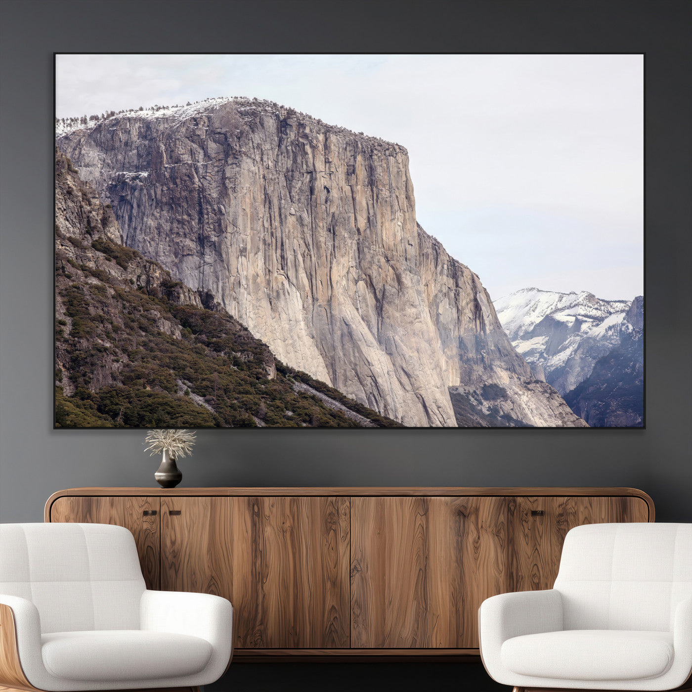Framed canvas of El Capitan’s vertical granite face in Yosemite with snowy peaks, ideal for Sierra minimalism or mountain-inspired decor.