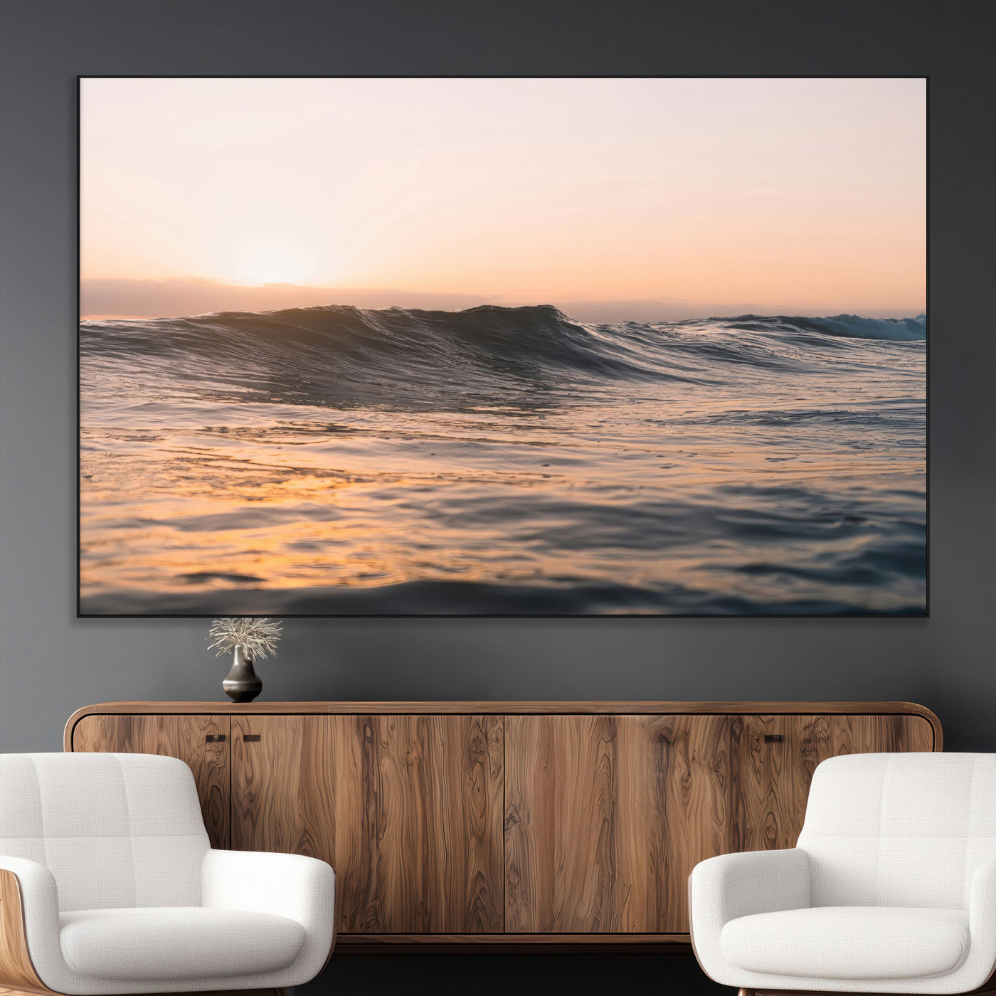 Framed canvas of ocean waves glowing in sunset light, ideal for golden hour calm or peaceful coastal-inspired wall decor.