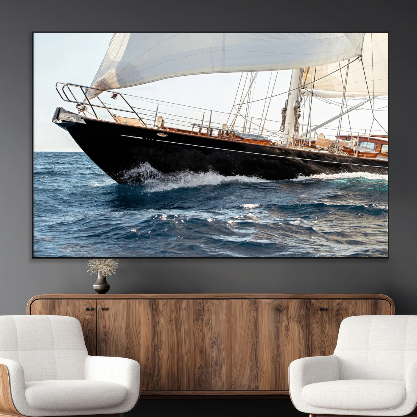 Close-up of a classic sailing yacht with wooden deck and full sails, perfect for nautical or coastal-style decor in ocean-themed spaces.