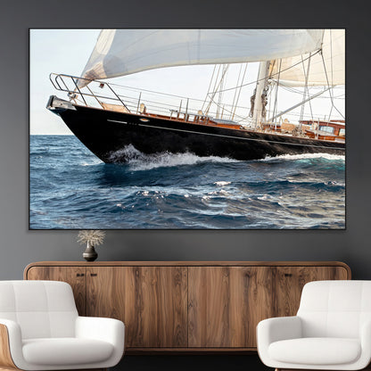 Close-up of a classic sailing yacht with wooden deck and full sails, perfect for nautical or coastal-style decor in ocean-themed spaces.