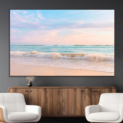 Pastel-toned ocean waves under soft sunset skies, ideal for pastel coastal or serene beach-style home decor.