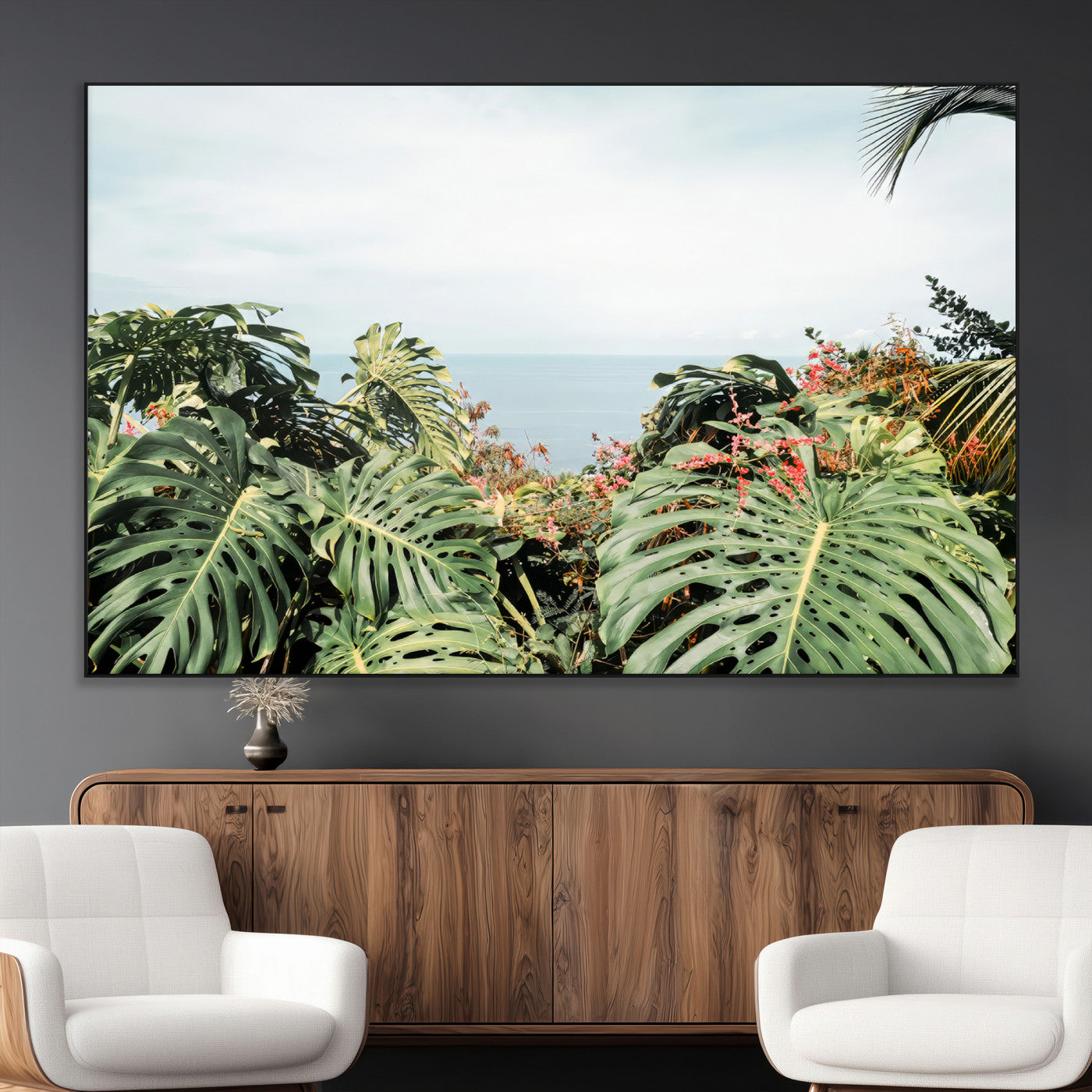 Monstera leaves and tropical flowers framing a calm ocean view, ideal for tropical coastal or exotic jungle-style interior wall decor.