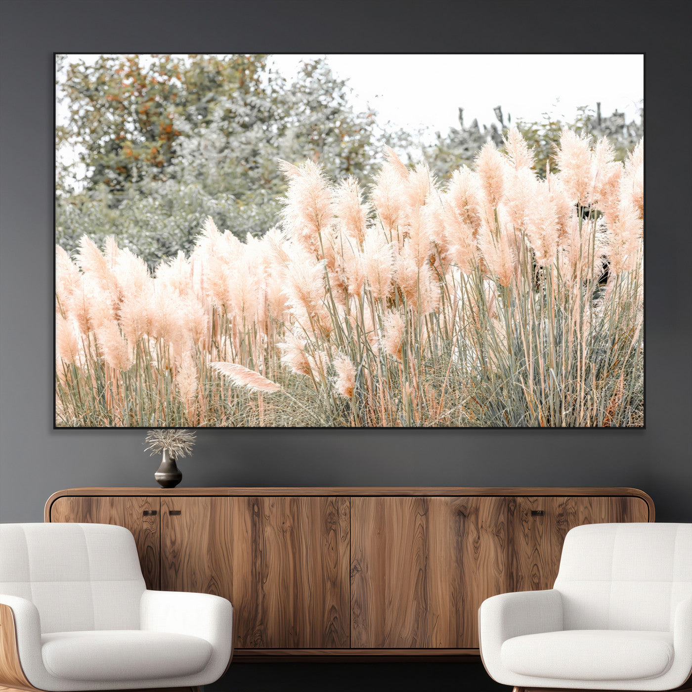 Soft pastel pampas grasses in a natural setting, ideal for neutral boho or rustic botanical-style interior wall decoration.