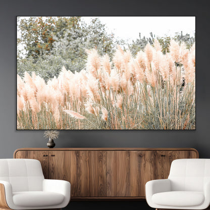 Soft pastel pampas grasses in a natural setting, ideal for neutral boho or rustic botanical-style interior wall decoration.
