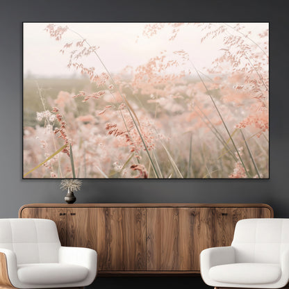 Soft pastel field with wild grasses in warm light, ideal for minimal nature or airy countryside-inspired interior wall decoration.