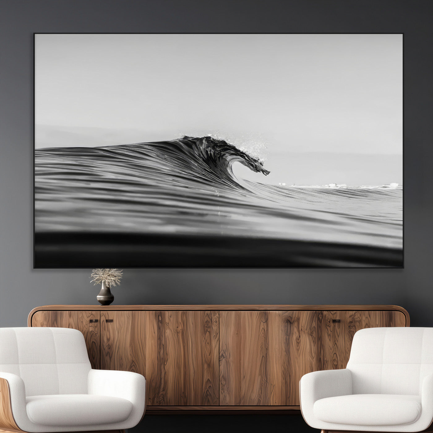 Striking black and white photo of a curling wave, ideal for modern coastal or minimalist wall decor settings.