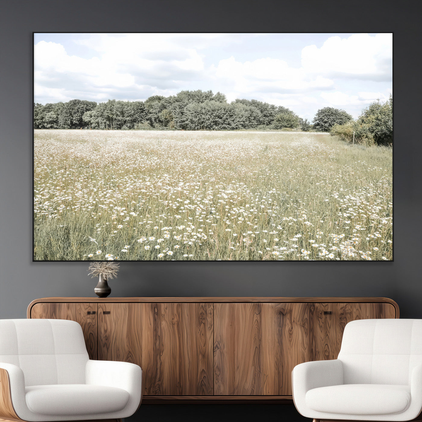 Soft-toned image of a wild daisy field under a cloudy sky, ideal for neutral or Scandinavian-inspired home decor.