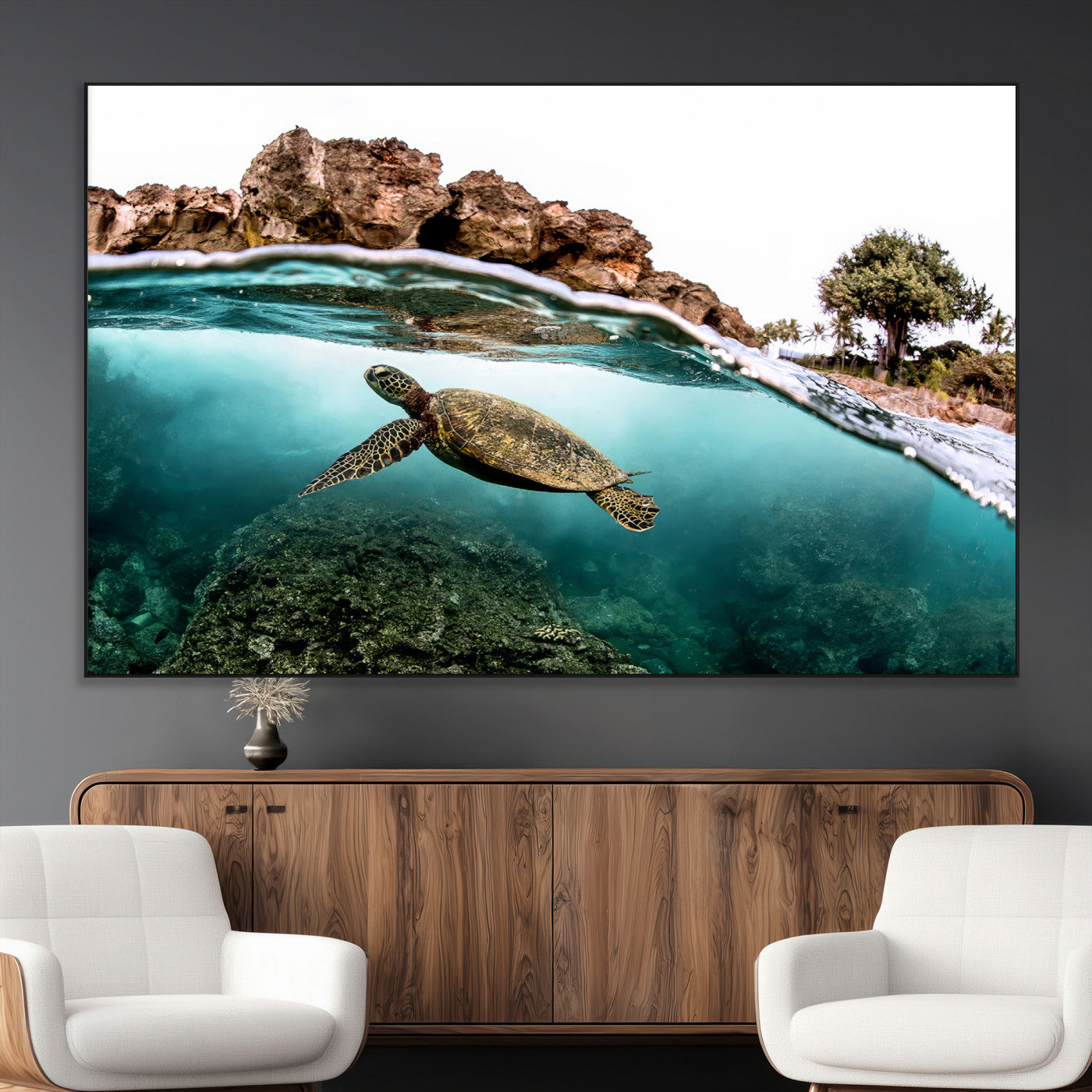 Dynamic split-view photo of a sea turtle swimming near rocky shores, perfect for vibrant coastal or tropical beach home decor.